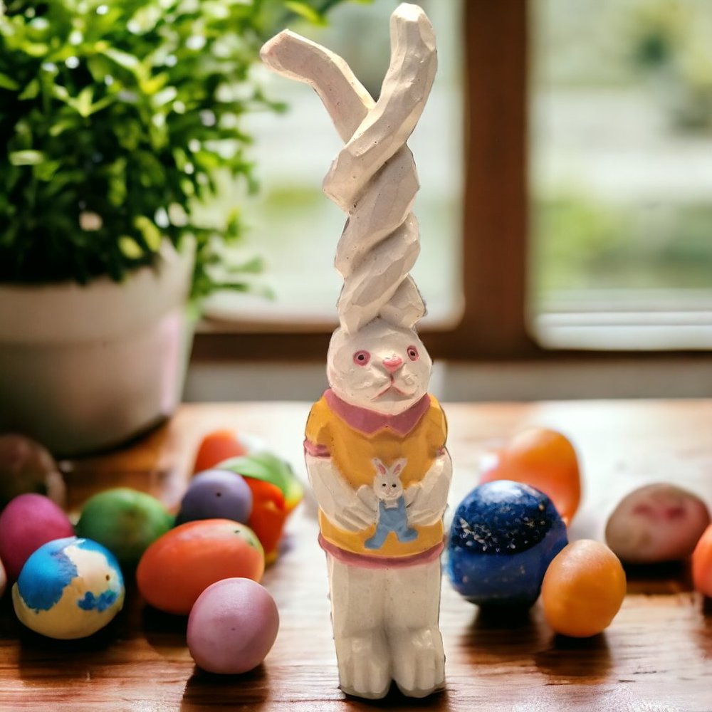 Twisted Ears Anthropomorphic Easter Bunny Faux Wood Resin Kitschy Spring Décor - Picture 5 of 9